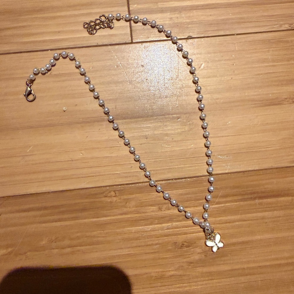 Pearl Beaded Butterfly Pendant Necklace - White and Gold